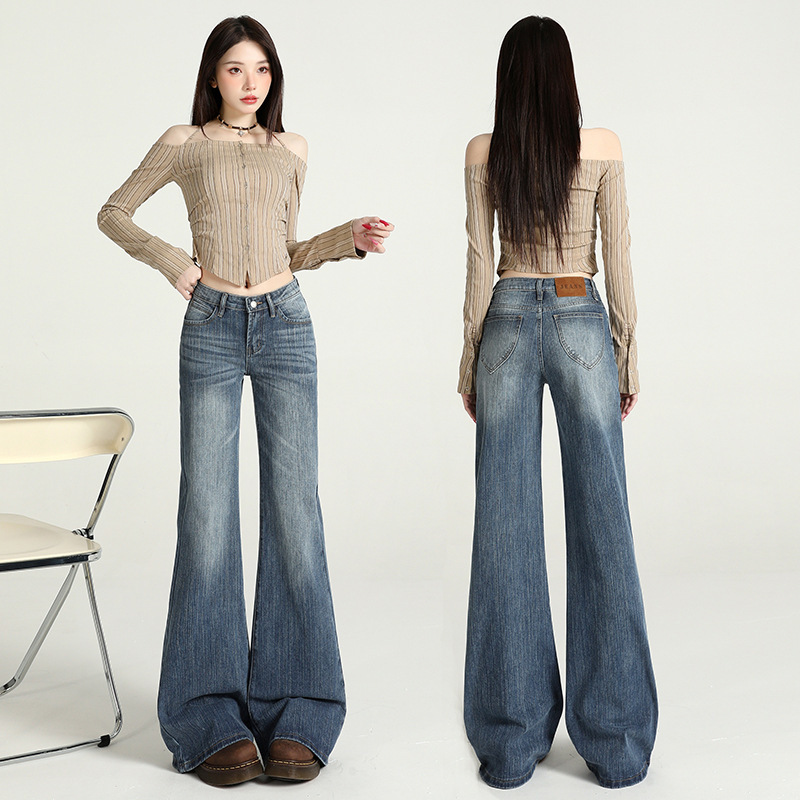 [High Quality] Retro Blue Jeans for Women 2026 Spring Low Waist Stretch Slimming and Height-Enhancing Bamboo Flare Pants 00