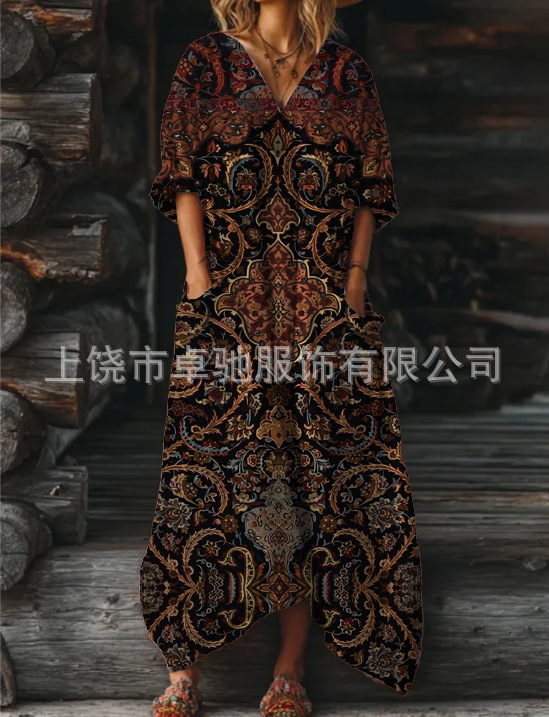 2025新款独立站女式复古花卉艺术图案印花口袋V领口袋连衣裙|undefined