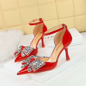 8323-H21 Korean Fashion Banquet Hollow High Heels Shallow Mouth Pointed Rhinestone Bow Knot with Women's Sandals
