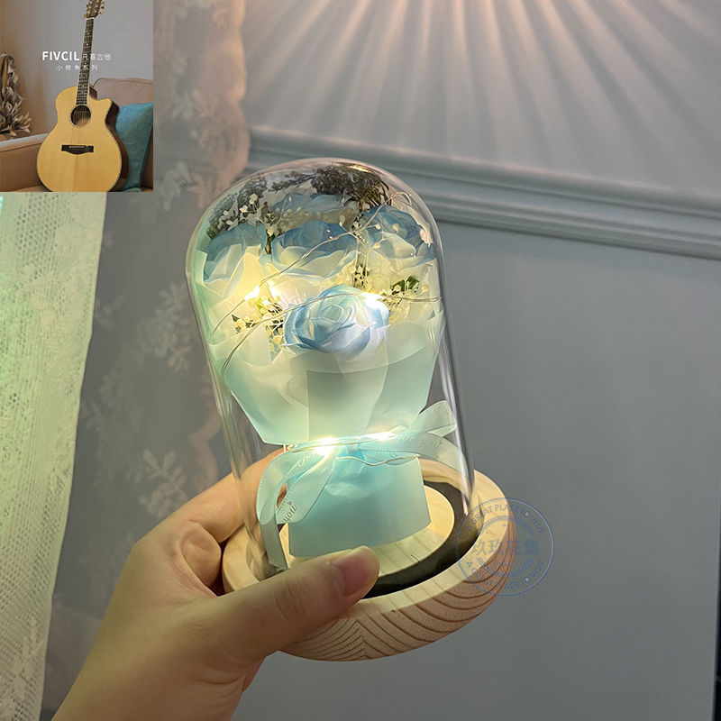 [핫셀 추천] 야오지모 - 하늘색 장미 5송이 - 선물가방 + 축하카드 + 배터리 증정 [완제품 발송]