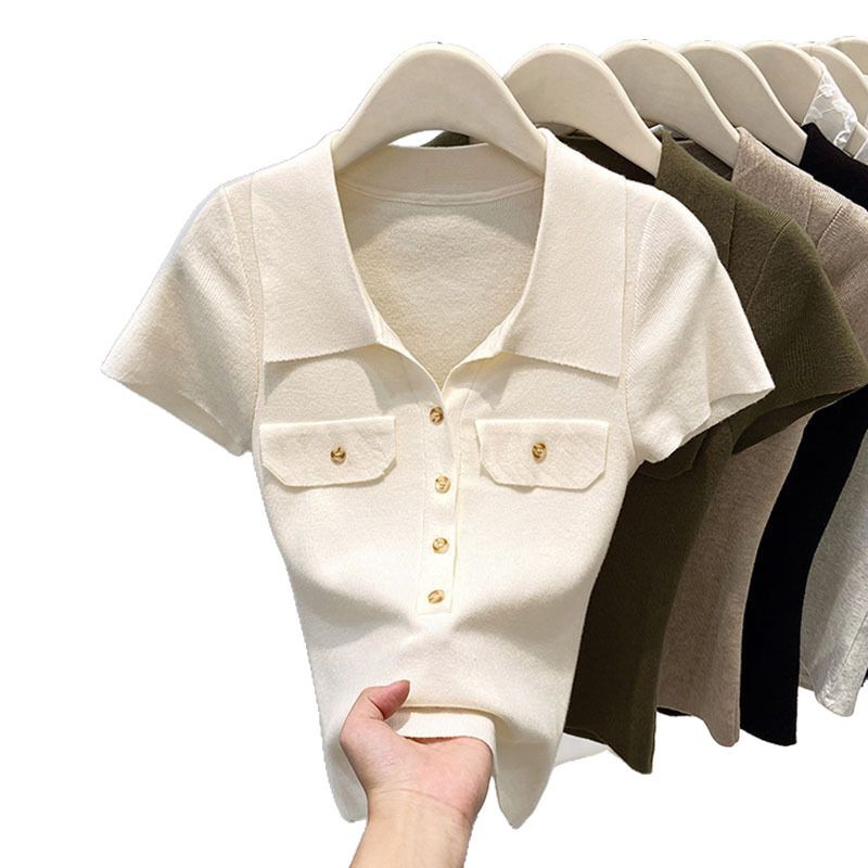 Women's Slim Fit Collared Knit Sweater Short Top Petite Fashionable Summer 2026 New Style Knitted Sweaters_ecoleips.com