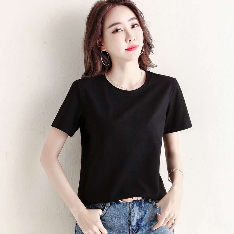 High-End Pure Cotton Short-Sleeved T-Shirt for Women, Loose and Versatile, Solid Color, Round Neck, Black Base T-Shirt, Summer Clothing High-End Pure Cotton Short-Sleeved T-Shirt for Women, Loose and Versatile, Solid Color, Round Neck, Black Base T-Shirt, Summer Clothing