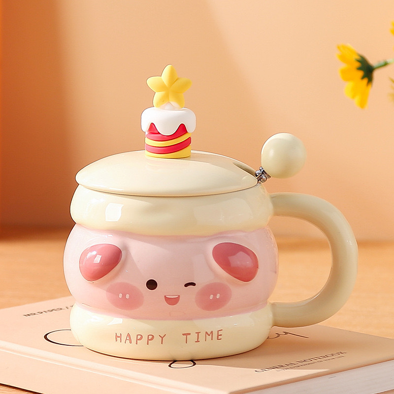 カップルマグかわいいセラミックカップ蓋付きスプーンガーリーハート漫画ウォーターカップ家庭用ミルク朝食カップ卸売|undefined