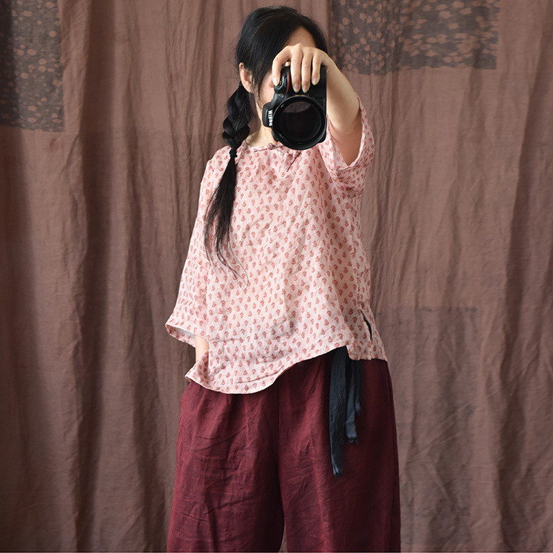 Xiangzi/original Ramie printed women's shirt National style retro crossbody hand-stitched buckle artistic small shirt linen top