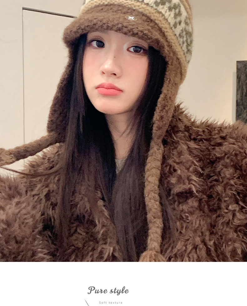 Fair Isle Style Retro Knitted Wool Autumn Winter Fleece Lined Thickened Warm Ear Protection Versatile Large Head_voghion.com
