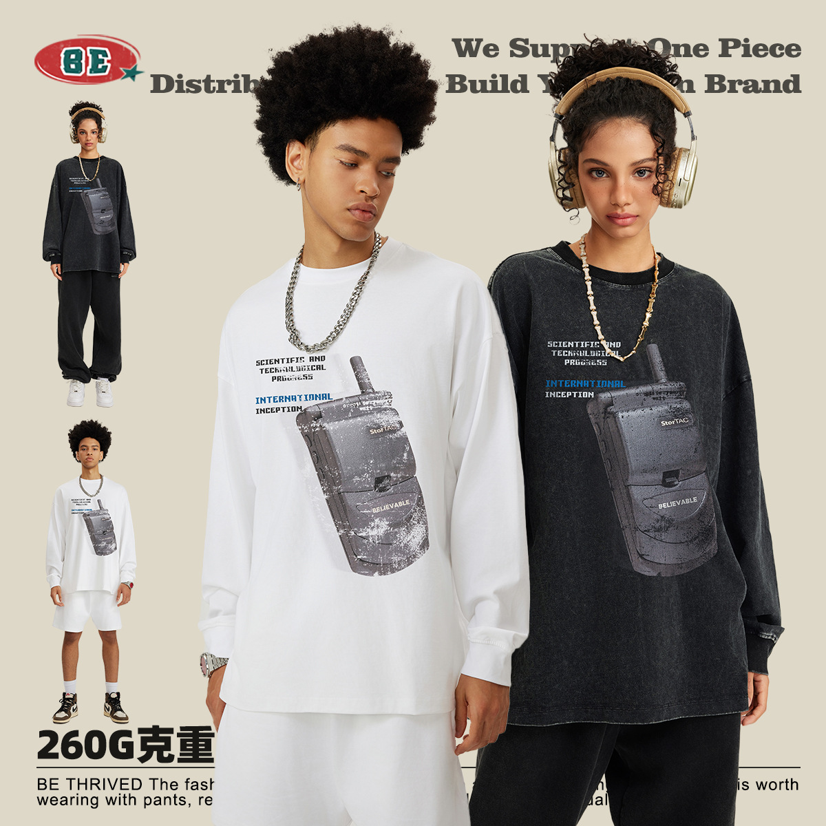 Ropa para hombre BE | Camiseta de manga larga para hombre, estilo retro americano holgado, con estampado de teléfono móvil, cuello redondo, de marca moderna, talla grande, otoño 2025.