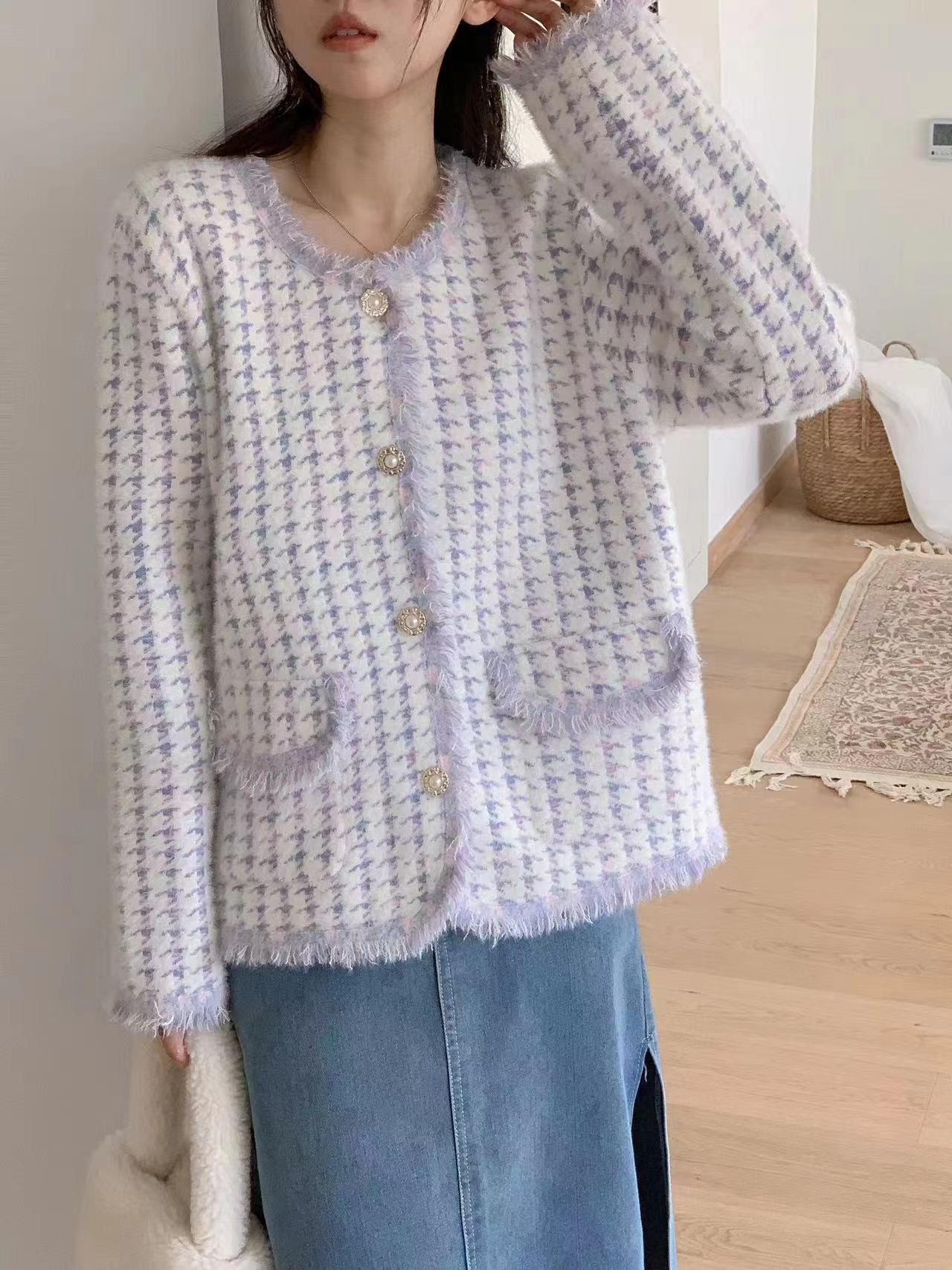 El otoño y el invierno Nuevo suéter de punto de las mujeres de pata de gallo de imitación de visón de terciopelo suelta estilo Chanel abrigo del todo-fósforo