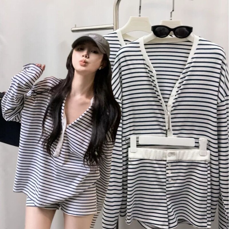 Modal Pajamas Women's Spring and Autumn Casual suit Striped T-shirt Spring and Summer Spring and Summer elastic waist straight shorts Two-piece Outfit Modal Pajamas Women's Spring and Autumn Casual suit Striped T-shirt Spring and Summer Spring and Summer elastic waist straight shorts Two-piece Outfit