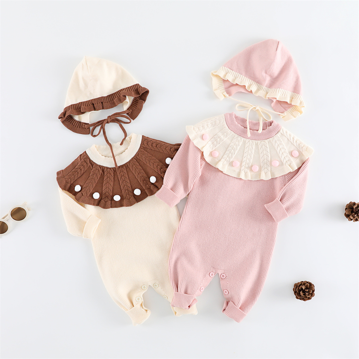 25 Autumn Newborn Onesie Two-Piece Set Hooded Ruffled Collar Lace Trim Baby Girl Wool Romper