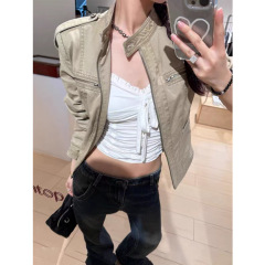 立领做旧美式复古短款牛仔外套女早秋新款正肩夹克上衣