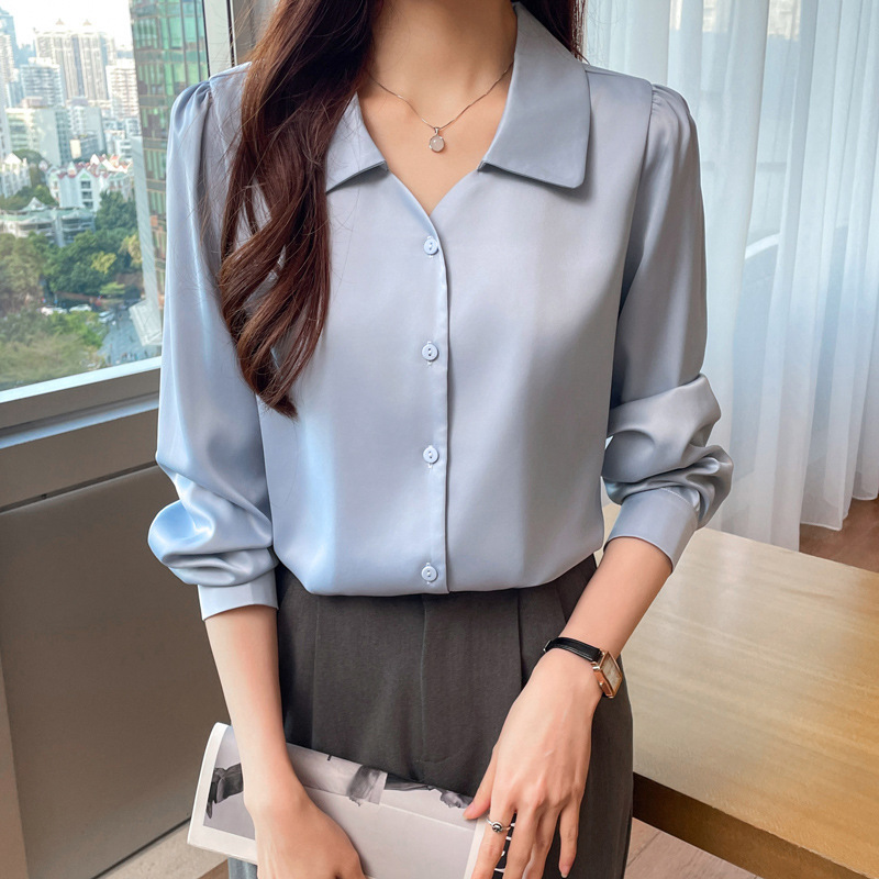 Counter genuine goods Spring and Summer New Top Ice Cool Mulberry Silk Women's Shirt Fashion Lapel All-match Long Sleeve Women's Shirt