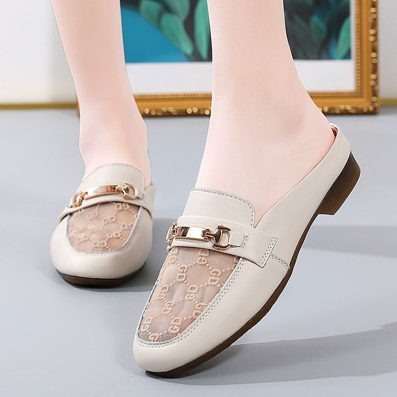 Новые летние сетчатые сандалии, полутапочки с открытым носком, женская верхняя одежда, модные женские туфли на плоской подошве, универсальная повседневная обувь для ленивых.