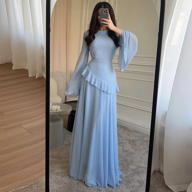 欧美跨境2025新款褶皱长裙女装修身o型领收腰晚礼服时尚连衣裙|undefined