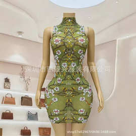 跨境演出服豆绿色显白收腰气质包臀年会酒吧驻唱变装春花秋枝