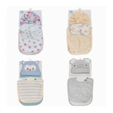 新款宝宝胎帽发带围兜4件套可爱印花新生儿纯棉防吐奶奶防脏围兜