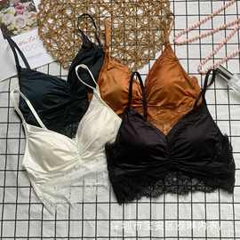 新款蕾丝拼接绸缎法式无钢圈舒适文胸美背薄杯吊带内衣Thailand
