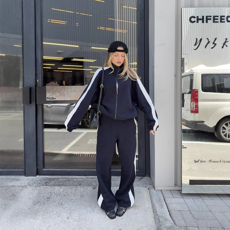 ファッション独立したステーションクロスボーダー婦人服新しい長袖コントラストカラースウェットパンツカジュアルスーツ秋と冬のスーツ女性|undefined