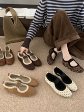 法式复古晚晚鞋玛丽珍鞋加绒温暖羊羔毛豆豆单鞋平底棕色毛毛鞋子