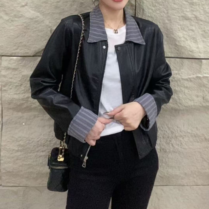 欧货拼接衬衫假两件皮衣外套女秋新款小个子短款韩版复古宽松上衣|undefined