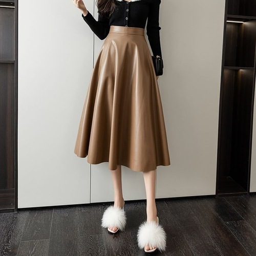 Pure Color PU Skirt Women's 2024 New Fall Winter High-Waist Slimming Elegant Medium-Length Full-Skirt A-Line Dress