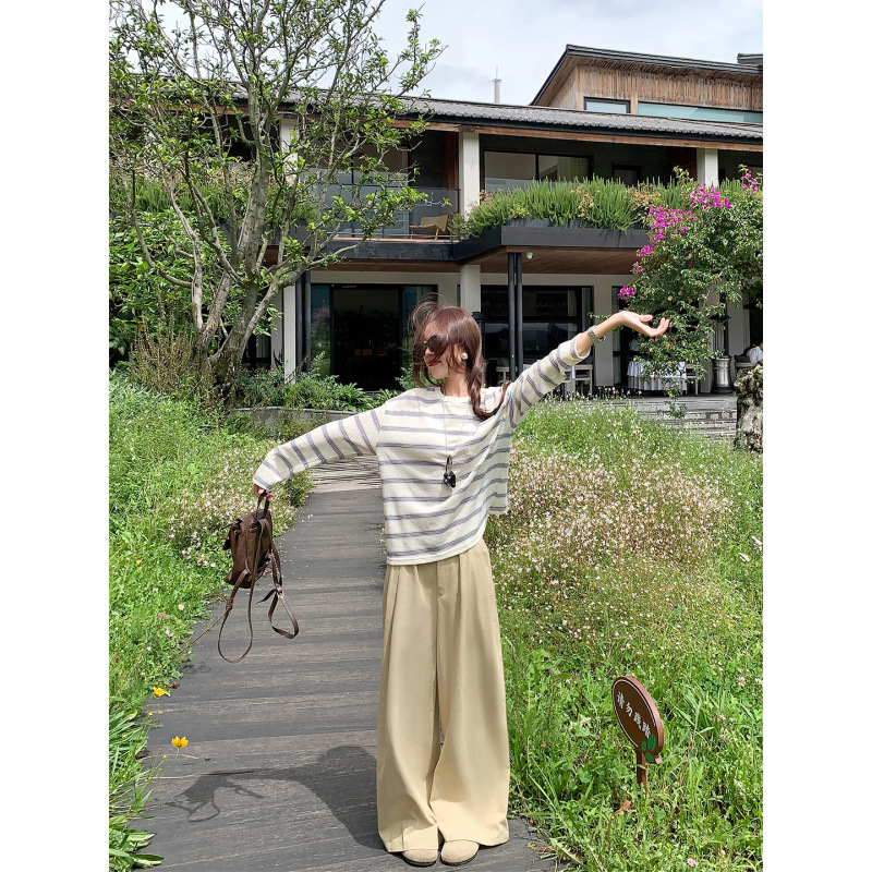 韩系百搭蓝白条纹长袖T恤女装早秋休闲宽松打底衫慵懒松弛感上衣|undefined