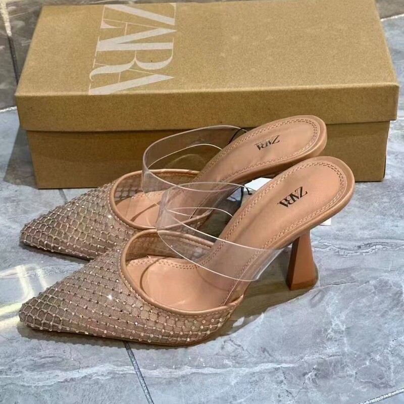 Sandals Women's ZA2024 Summer New High Heels Women's Stiletto Heel Hollow Diamond Mesh Shallow Mouth Shoes Pointed Women's Shoes