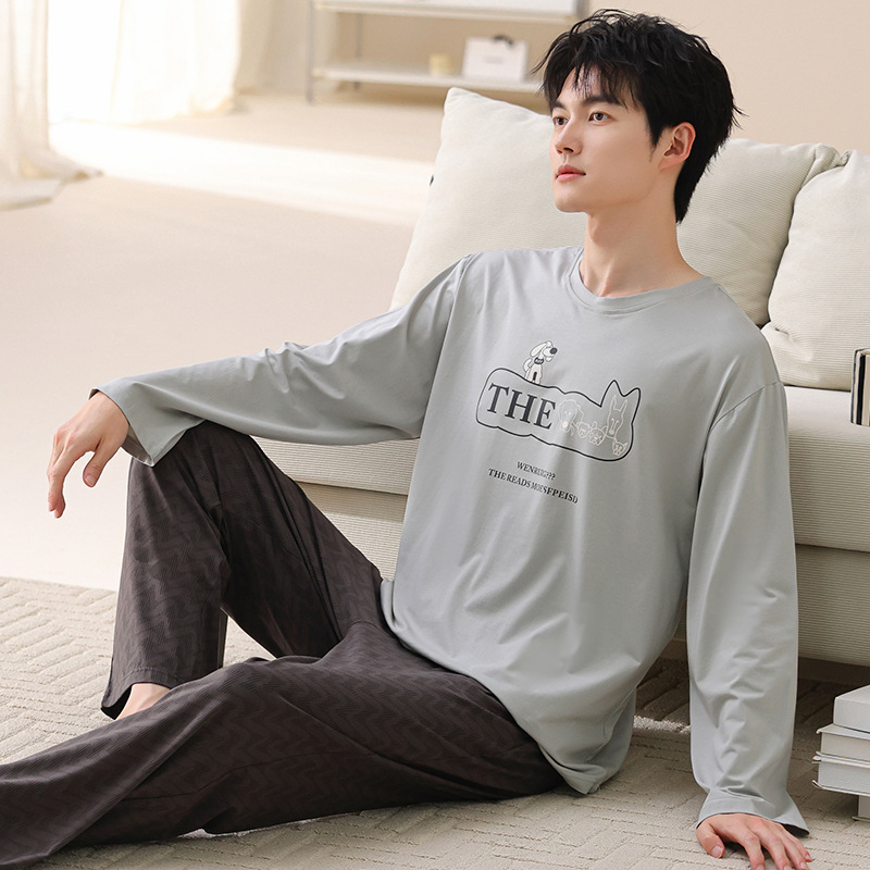 New Pajamas Modal Cotton Men's Spring and Autum Long-Sleeved Pants Large Size Young Students Home Wear Autum and Winter Suits