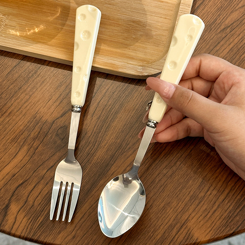 cheese fork spoon tableware suit porcelain handle stainless steel cute light luxury high-grade household western food two-piece set