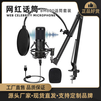 电容麦克风 跨境电脑录音声卡一体式直播设备USB大振膜话筒|ru