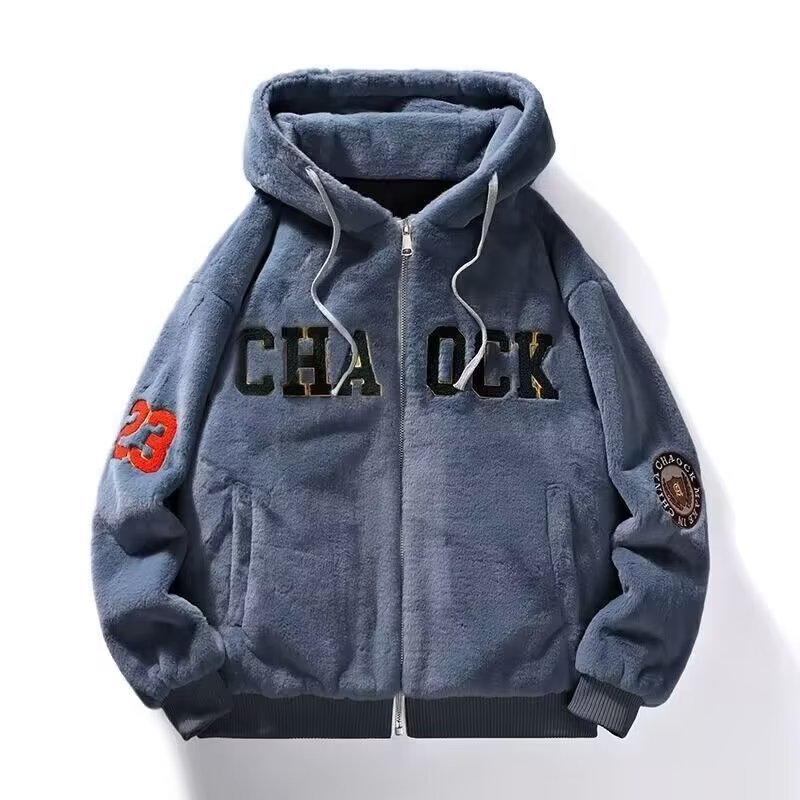 (2개) 가을과 겨울 자켓 전국 조수 양고기 벨벳 두꺼운 따뜻한 자수 스웨트 셔츠 남자의 느슨한 지퍼 커플 후드 재킷