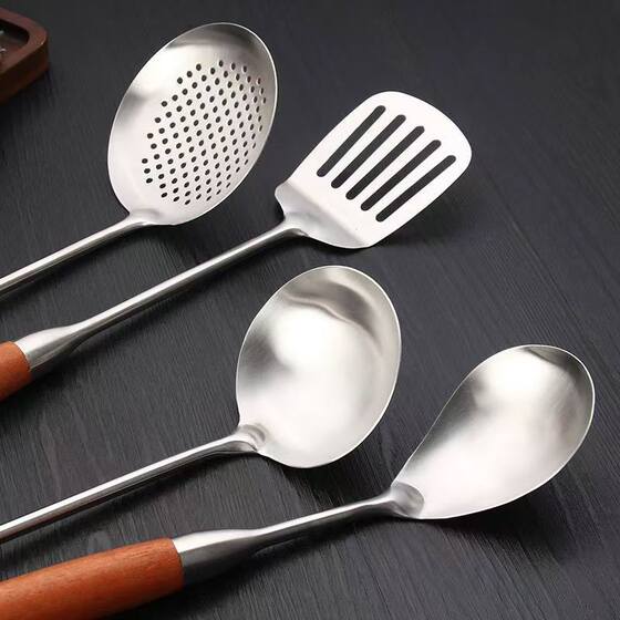 304 Rosewood Spatula Household Stainless Steel Cooking Spatula Anti-Scalding Hollow Handle Colander Spatula Kitchen Utensil Set