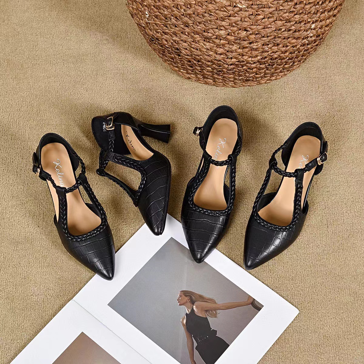 Sandal cao gót nữ mũi nhọn quai ngang da thật gót 5 cm — Đen-5CM chi tiết 8