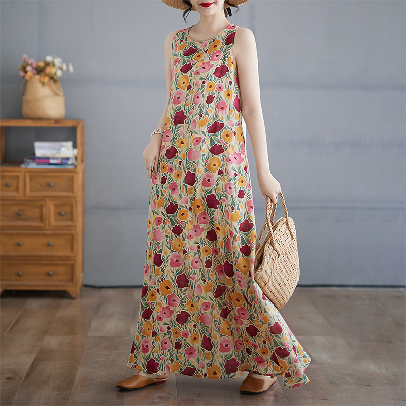 Real Shot Bohemian Maxi Dress Summer Fattened Oversleeveless Crew Neck Print Dress_ecoleips.com
