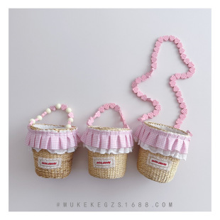 Summer Girl's Bead Chain Bucket Bag Summer Handmade Rattan Coin Purse Cute Girl's Baby's Concave Crossbody Bag