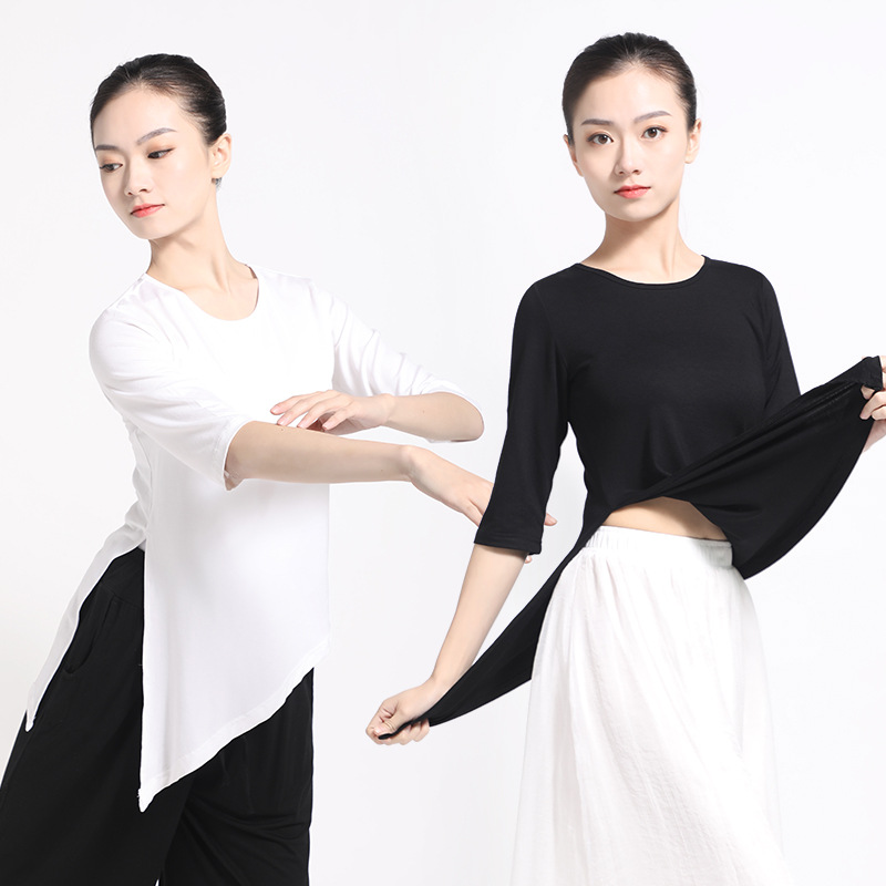 Ropa de práctica de danza moderna ropa de rendimiento de examen de arte corporal de las mujeres ropa de yoga ropa de danza clásica irregular media manga superior