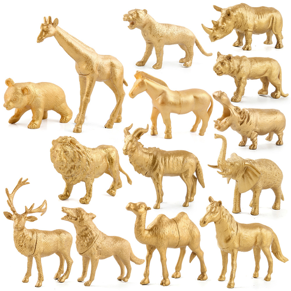 Exportación transfronteriza de oro bosque animal adornos juguetes de simulación girafa dorada leones rinocerontes caballos adornos estáticos