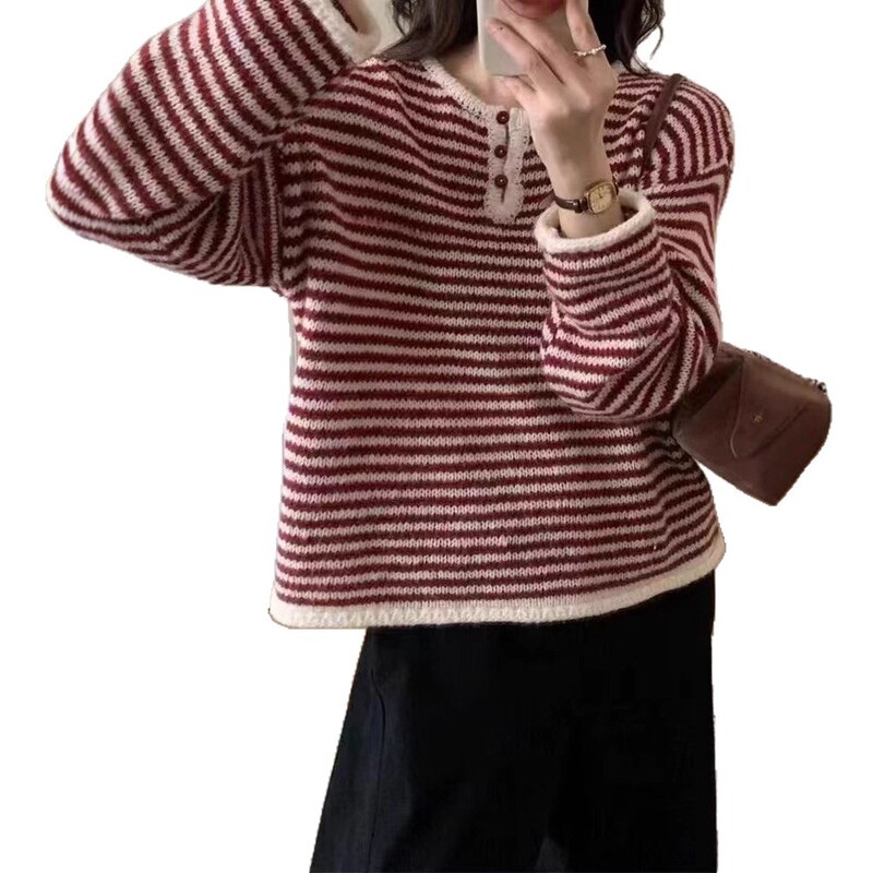 韩系宽松慵懒风半开领三扣条纹套头毛衣秋冬新款休闲百搭上衣女|undefined