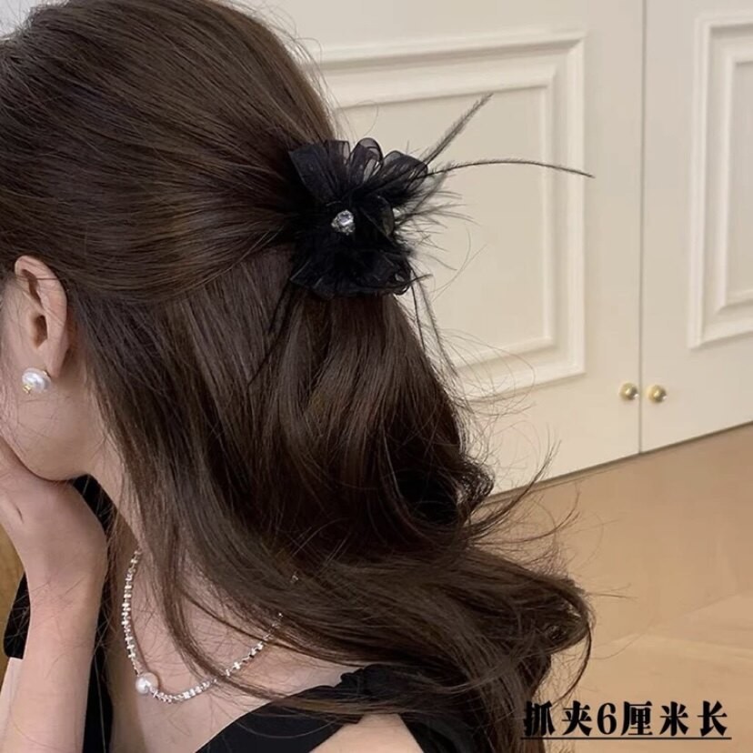[Four times the amount of hair] Ostrich feather love ribbon black/6cm gripper (s…
