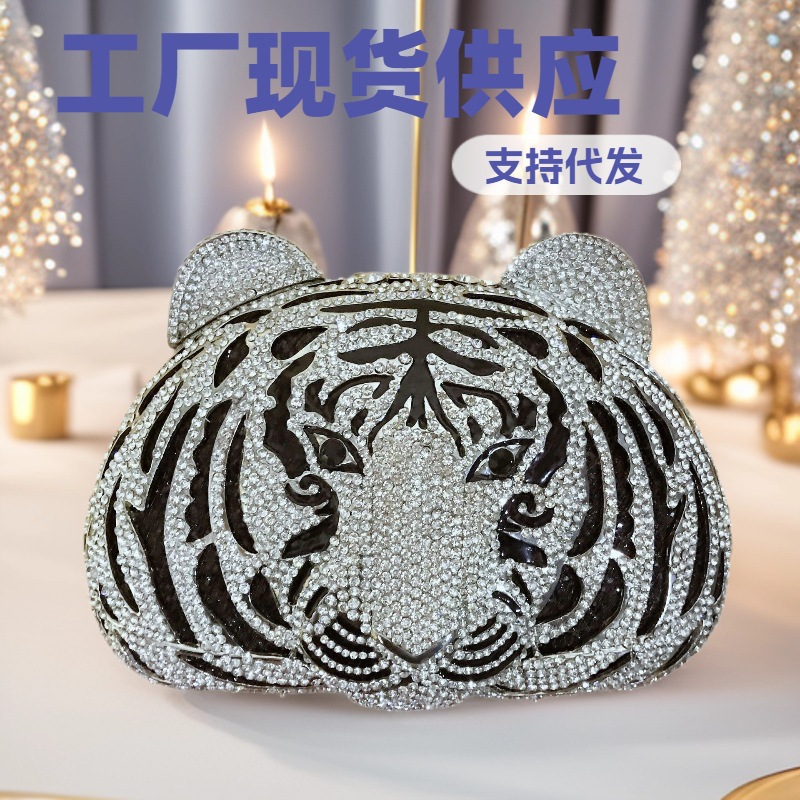 Bag de piedra tigre animal tigre bolsas de diamante metal hueco bolsas de cena de cristal bolsas de mano de diamantes