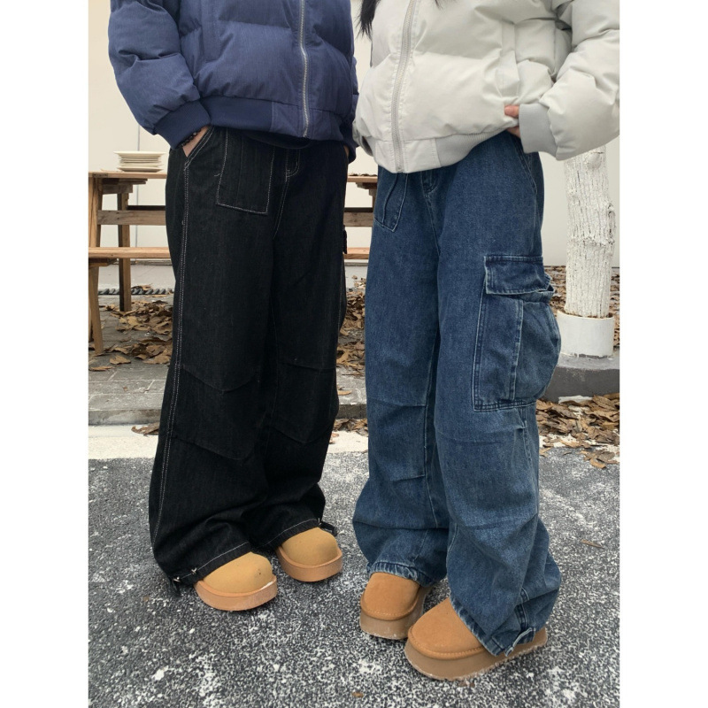 American Retro High Street Multi-Pocket Adjustable Waist Loose Straight Jeans Unisex Baggy Cargo Long Pants