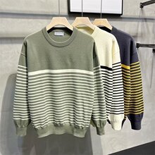 撞色条纹针织毛衣男春秋潮牌邦创唯新款长袖圆领百搭打底线衣毛衫