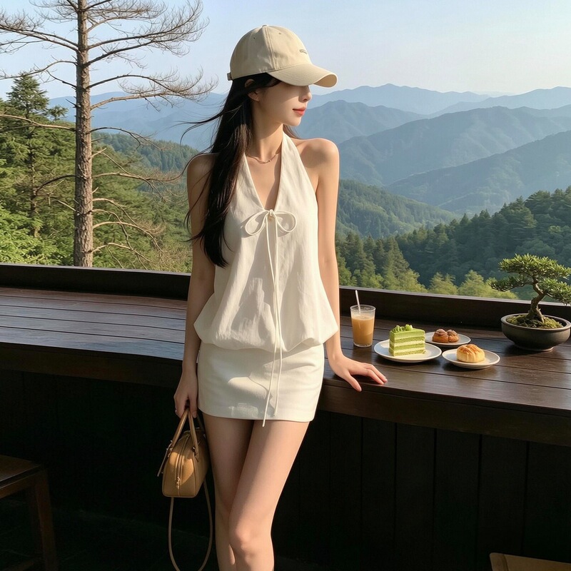 French-style white skirt suit for women, summer halter neck floral backless top and bodycon skirt two-piece set French-style white skirt suit for women, summer halter neck floral backless top and bodycon skirt two-piece set