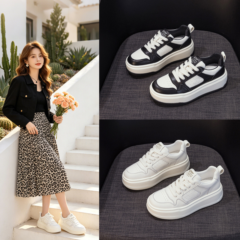 Women's white shoes made of top-layer cowhide with sheepskin insoles, new thick-soled platform shoes for spring and summer 2026, casual sneakers Women's white shoes made of top-layer cowhide with sheepskin insoles, new thick-soled platform shoes for spring and summer 2026, casual sneakers