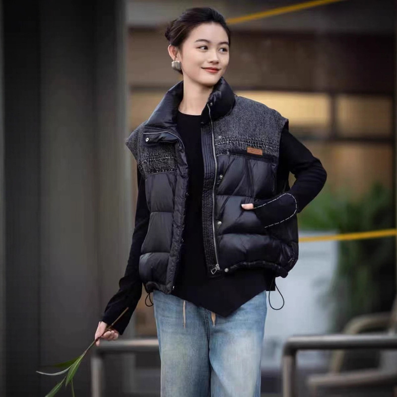 Stand Collar Denim Splicing down Vest 2025 Simple Korean Fashion 90 down Versatile Casual Warm Vest for Women