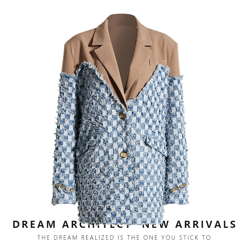 Women's Blazer Contrast Colour Distressed Denim Jacket For Women_voghion.com