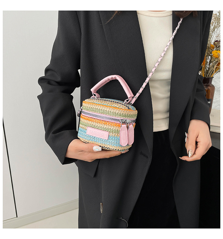 165g Weight Polyester Lining Material Weave Fashion Element Zipper Closure Type Top Handle, Chain Strap Type Crossbody Bag Bags Type Casual, Daily, Shopping Occasion Straw Material Multicolor Pattern Spring&Summer Season Women's Gender Vintage Style Style Cylindrical Shape Women's Straw Multicolor Vintage Style Weave Cylindrical Zipper Crossbody Bag 6