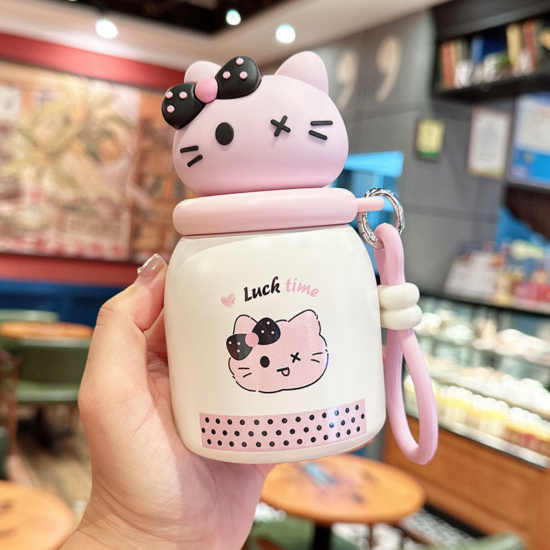 동물 캐릭터 미니 보온병 300ml 휴대용 스트랩 빨대 물병