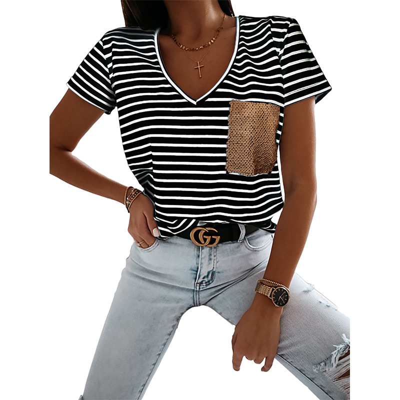 跨境亚马逊wish ebay爆款夏季女装现货 条纹亮片口袋v领短袖T恤女