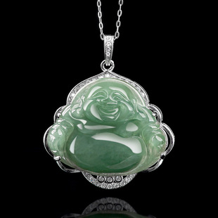 Natural Burma a Jade Oil Green Buddha Maitreya Buddha Pendant 925 Silver Set Necklace Ice Jade Pendant for Women