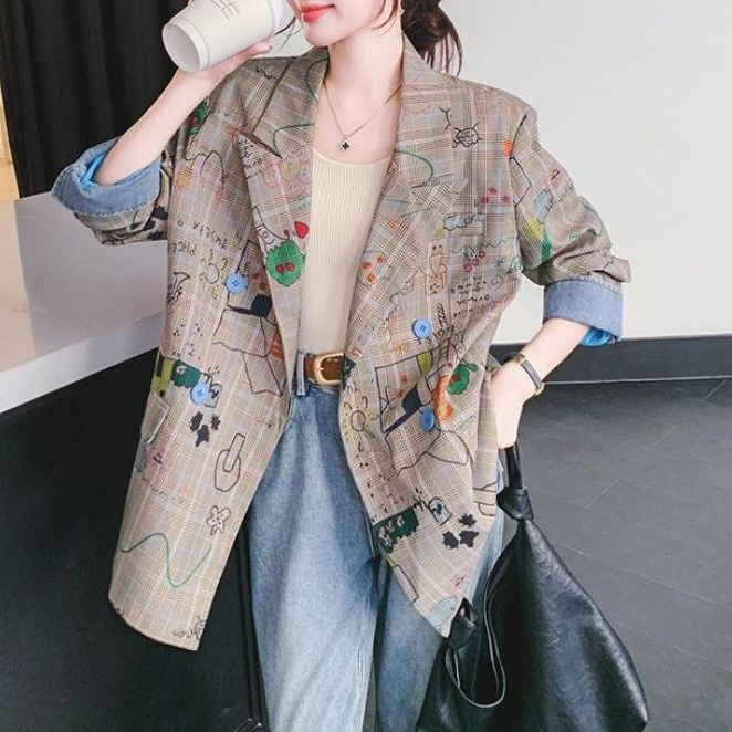 2025春秋灰色格子西装外套女时尚感爆款炸街宽松休闲涂鸦印花西服|undefined